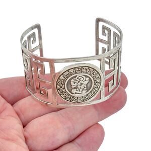 Vintage Mexican Sterling Silver 925 Aztec Mayan Medallion Cuff Bracelet 7.5"